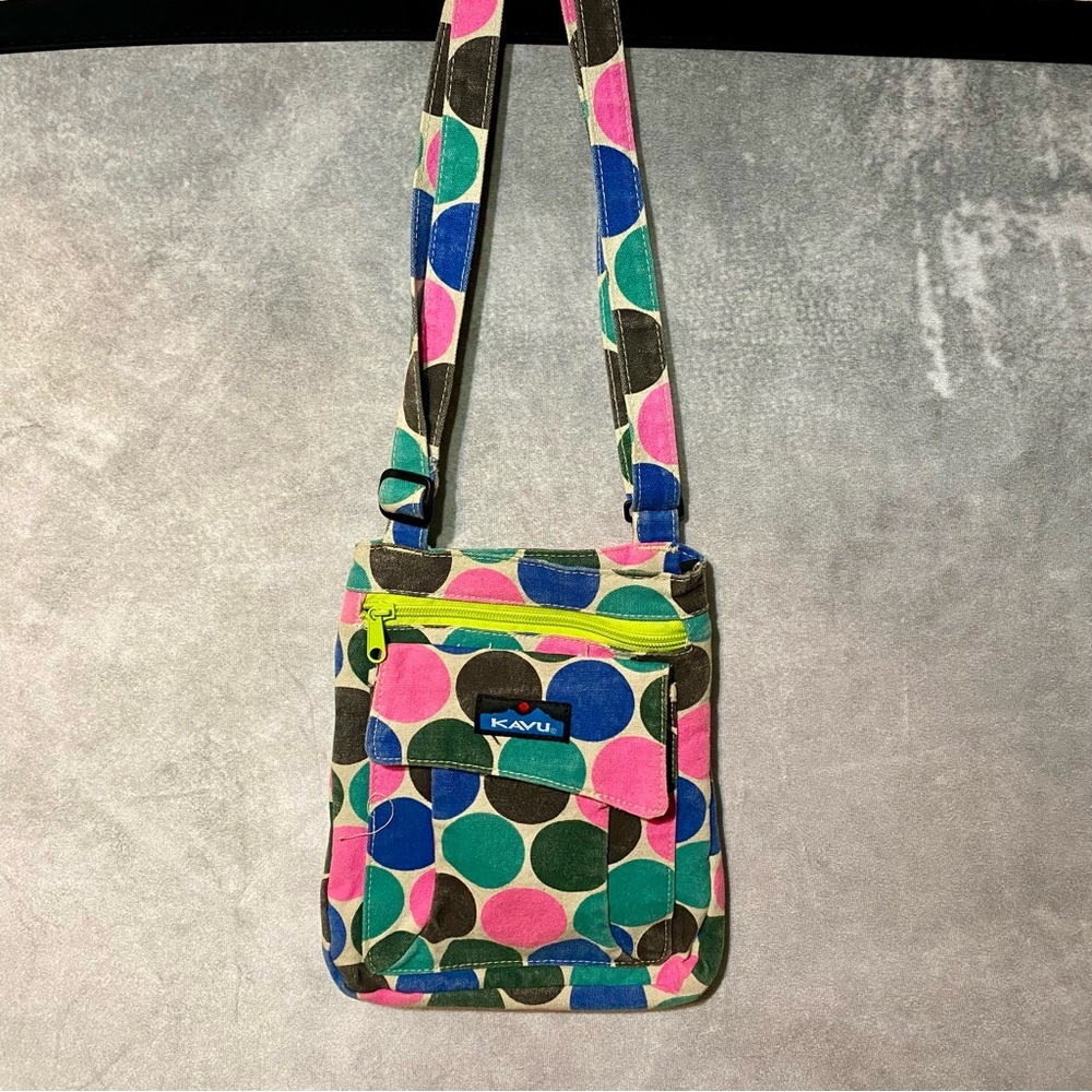 Kavu Canvas Colorful Circle Polka Dot Crossbody Bag Pink Blue Green Purse